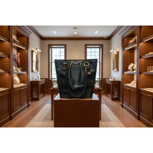 Brahmin Black Croc-Embossed Leather Tote Bag Gold Hardware Authentic
